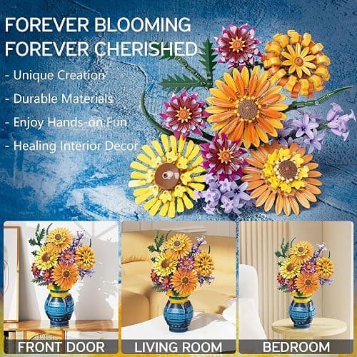 Flower Bouquet Building Blocks Set with Vase, Valentines Day Gifts for Her Wife Him, 1065PCS Sunflower Botanical Collection Artificial Flower Birthday Gifts for Women Men Teen Girls Mom Teacher Adults thumbnail 7