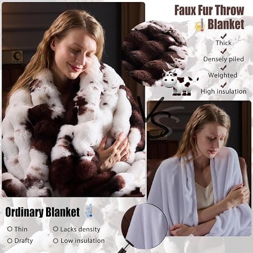 PLUUSHUU Faux Fur Throw Blanket for Couch, Fluffy Fuzzy Plush Bubble Blanket, Soft Warm Cozy Shaggy Rabbit Blanket, Luxury Decorative Gifts for Sofa Bedroom Living Room, 60x50inch (Cow Print-Brown) thumbnail 2