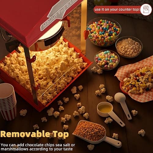 HUGROVE 10oz Popcorn Machine with Cart, 480W Vintage Popcorn Maker for Home Cinema, Professional Stainless Steel Kettle, One-Touch Operation Popper for Game Day (Light Red) (Light Red) thumbnail 6