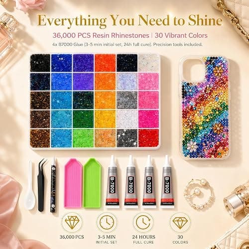 AMZGO 36000Pcs Rhinestones Bedazzling Kit, 30 Colors 3mm Flatback Resin Bedazzler Gems with 4Pcs 10ml B7000 Jewelry Glue for Bedazzled Thing Diamond Art Book Crafting Nail Kit thumbnail 7