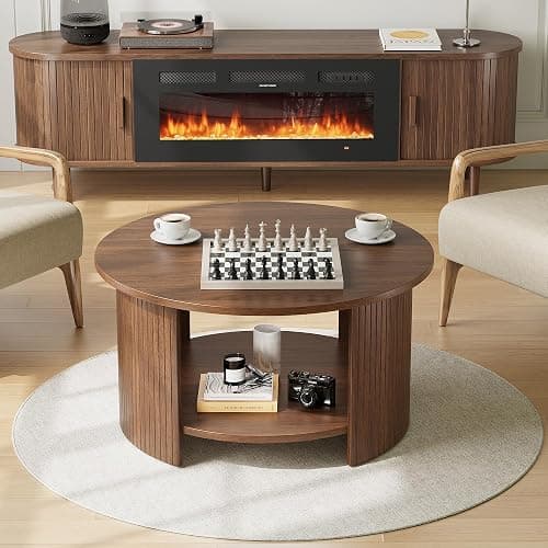 OneBlis Round Coffee Table with Storage, 31.5" Modern Fluted Center Table, 2-Tier Mid Century Coffee Table, Wood Circle Table for Living Room, Home Office, Small Space, Walnut thumbnail 5