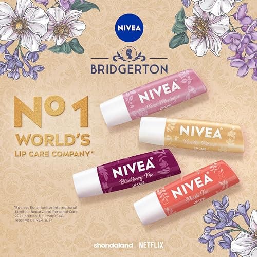 NIVEA Lip Care, Bridgerton Limited Edition Moisturizing Lip Balms with Shea Butter, Blackberry Pie, Peach Tea, Rose Meringue, and Vanilla Biscuit, Four 0.17 Oz Sticks thumbnail 8