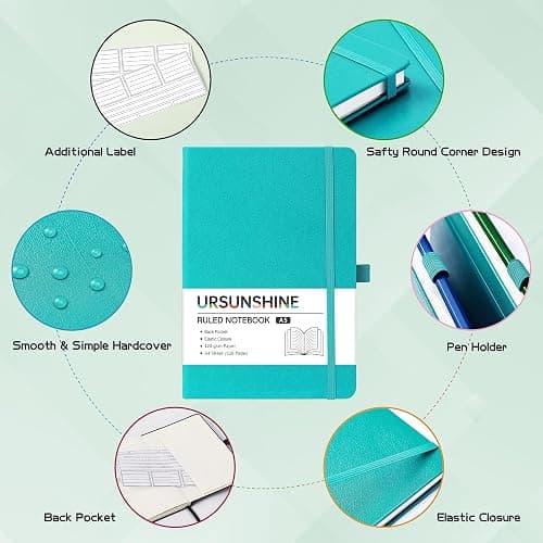 Ruled Notebook/Journal - Classic Lined Journal/Notebook, 5.3" x 8.26" | Hardcover with Thick Paper, Banded + Pen Holder +Inner Pocket - Cyan thumbnail 6