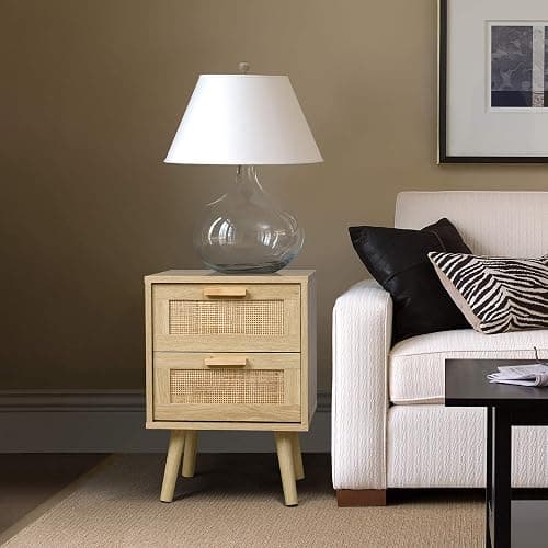 Finnhomy Nightstands Set of 2, Night Stands Set 2 with Hand Made Rattan Decorated Drawers, Nightstand, End Table, Bedside Tables Set of 2 for Bedroom, Natural, 2 Pack thumbnail 2