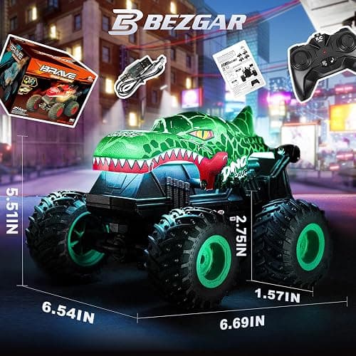 BEZGAR Monster Truck Toys，1:20 Remote Control Car with Light & Music | Green Dinosaur Toys for Kids,RC Truck with 360° Spins and Drifting, Toy Car Gifts for Boys, Battery Life of 20 Minutes thumbnail 2
