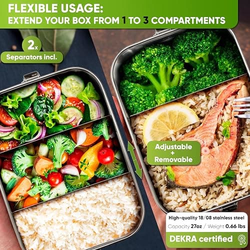 Blockhütte Stainless Steel Lunch Box I 27oz I with free sealing I Bento Box 3 Compartments, Leak-Proof Food Containers, Metal Lunchbox for Travel & Work, Eco-Friendly Meal Storage Solution - 27oz - Silver thumbnail 3