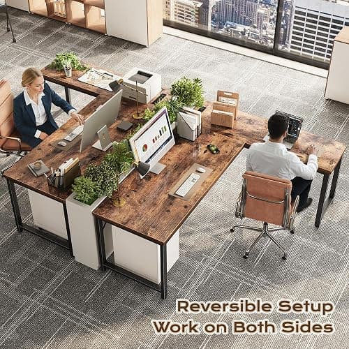 Huuger 63 Inch L Shaped Desk with Power Outlets & 0.95 Inch Thicker Desktop | Reversible Computer Desk, Larger Office Corner Gaming Desk, Metal Frame, for Home Office, Study, Rustic Brown thumbnail 2