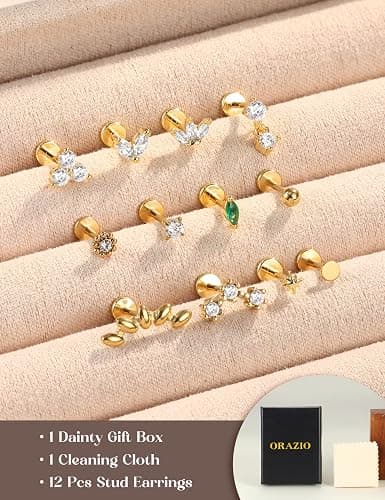 ORAZIO 18G 16G Hypoallergenic Flat Back Earrings Stud Earrings - 316L Surgical Steel Internal Thread Stud Piercing Jewelry for Tragus/Helix/Conch/Medusa/Lip/Labret - Helix Tragus Cartilage Earrings for Women thumbnail 9