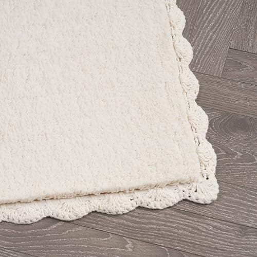 Laura Ashley Heathered Crochet Border 100% Cotton 20" x 32" Skid-Resistant Bath Rug, Ivory thumbnail 3