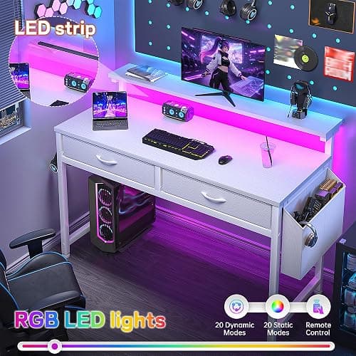 DurayLoly Computer Desk with 2 Drawers & LED Lights,39.4 Inch Home Office Desks with Side Pocket and Monitor Stand,Study Writing Table for Small Spaces,White thumbnail 5