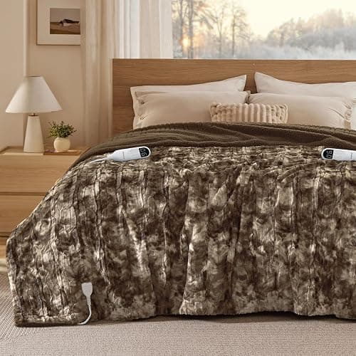 Bedsure Faux Fur Tie-Dye Heated Blanket Queen Size with Dual Control, Brown | Preheat Function,6 Heat/6 Timer Settings, 8H Auto Shut-Off, ETL/FCC, Soft Faux Fur Sherpa, Machine Washable, 84x90in thumbnail 9