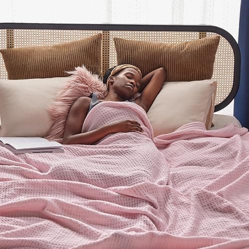 Bedsure Gentlesoft 100% Cotton Blanket Queen Size for Bed - Breathable and Soft, Thick Cozy Waffle Weave Christmas Blanket Gift for Women, Pink, 90x90 Inches thumbnail 4
