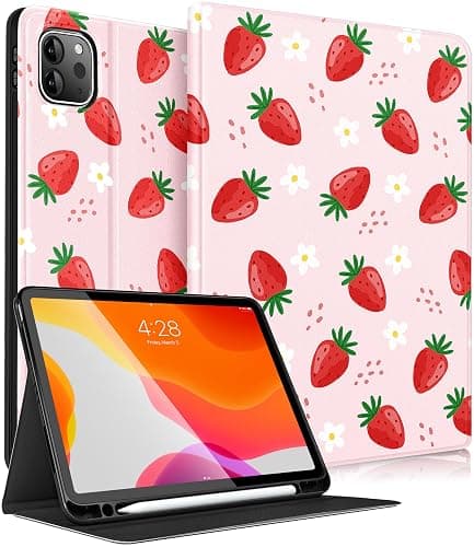 Uppuppy for iPad Air 11 inch (M2/M3) Case, Air 5th/4th Generation 10.9, Pro 11'' Case Cute Kids Women Girls Girly Strawberry Pencil Holder Cover for iPad Air 11 2024/2025, 10.9 2022 2020, Pro 11 - Image 1
