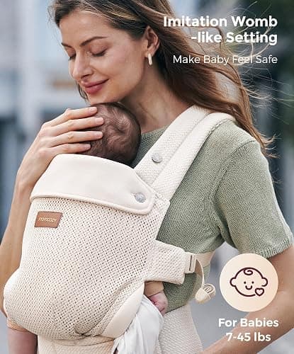 Momcozy PureHug Baby Carrier - Ergonomic, Cozy and Lightweight for 7-45 lbs | Easy to Put On, IHDI Hip-Healthy, 3D EVA Lumbar Support, X-Straps for Even Weight Distribution, Air Mesh Cooling, Almond thumbnail 5