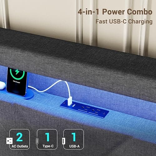BTHFST Floating Bed Frame Full Size with RGB LED Lights Headboard, USB-C/A Power Outlets, Linen Upholstered Platform Bed with Storage Headboard, Innovative Stable Structure, Dark Gray thumbnail 5