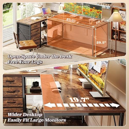 PRAISUN 61" L Shaped Desk with Power Outlets and USB-C Port, Reversible Computer Corner Office Desk with 4 Fabric Drawers and 2 Height-Adjustable Shelves, Large for Gaming Writing Study, Rustic Brown thumbnail 6