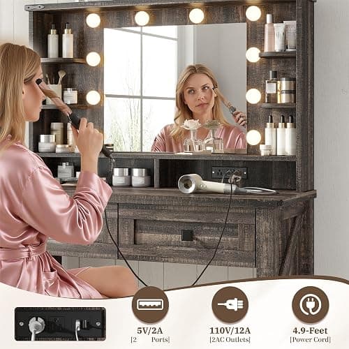EnHomee Small Vanity Desk with Mirror and Lights, Makeup Vanity with Storage Drawer, Wooden Vanity Desk with Charging Staion for Women's Bedroom, Small Space, Dark Oak thumbnail 6