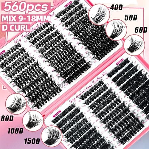 QUKLOGEN DIY Fluffy Lash Extension Kit 772Pcs D Curl 4 styles Individual Lash with Bottom Clusters Bond and Seal,Quick Glue Remover Tweezers Eyelash Brush Mini Applicator (LASH003) thumbnail 2
