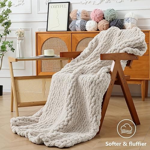 Cozyful Chunky Yarn for Hand Knitting - #10 Chunky Chenille Yarn, Jumbo Big Thick Chunky Yarns for Crocheting, Super Bulky Chunky Knit Blanket Yarns, 8 Skein (25 yds 8 oz Each Skein), Beige White thumbnail 7
