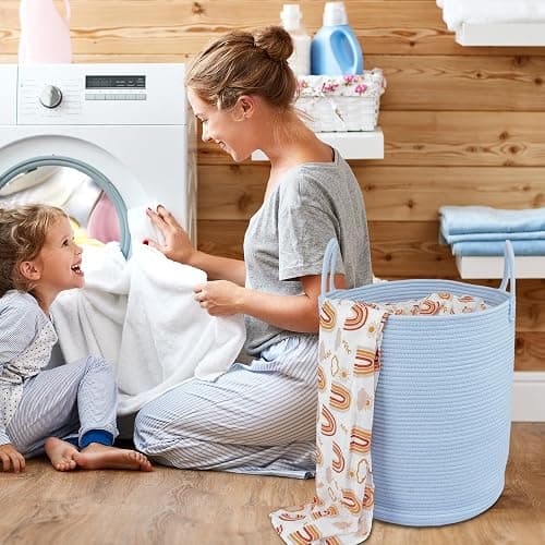 XUANGUO Cotton Rope Laundry Basket Hamper for Clothes Woven Storage Basket for Living Room Bedroom Boho Tall Rope Baskets for Blanket Toys Pillow Towels Baby Nursery Hamper Bin light blue thumbnail 4