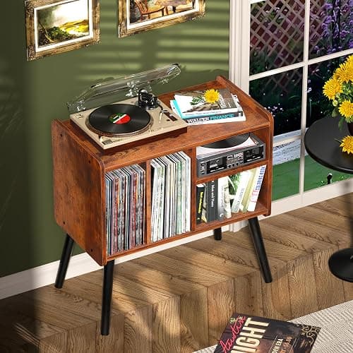 UODERS Record Player Table, Mid-Century Record Player Stand with Vinyl Storage Hold Up to 150+ Albums, Vinyl Record Cabinet with Adjustable Shelves, Wood Turntable Stand for Music Living Room (Brown) thumbnail 5