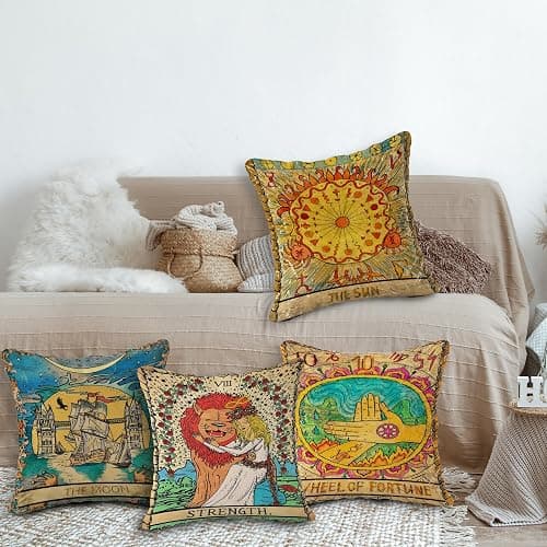 (RB) Tarot The Moon Sun Flannel Throw Pillow Case, 18 x 18 Inch Set of 4, Daughter Sister Astrology Tarot Lovers Gifts, Mom, Gifts, Tarot Art Cushion Cover for Sofa Couch Bed Girl Room College Dorm thumbnail 2