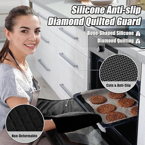 Oven Gloves Heat Resistant, Anti-Slip Silicone Oven Glove for Cooking | Black Double Oven Gloves, Heat Proof Gloves, Silicone Oven Mitts Featuring Breathable Cotton Lining for Dessert Making, BBQ thumbnail 3