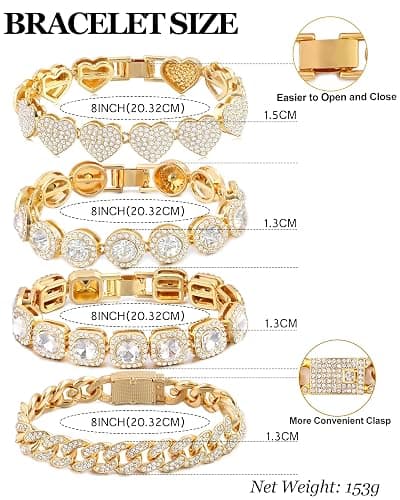 shopbyskyler 4PCS Gold Bracelets for Women Silver Clustered Tennis Bracelet for Women Heart Round Diamond Cuban Bracelet Layered Link Bracelet Set Fashion Jewelry for Women Set thumbnail 7