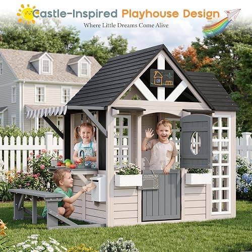 Albott Kids Outdoor Wooden Playhouse with Kitchen Playset, Backyard Cottage for Kids with Bench, Chalkboard, Pet Door, Wooden Mailbox and Flowerpot, Backyard Play House for Boys and Girls Ages 3-8 thumbnail 2