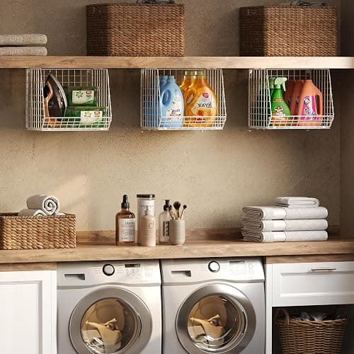 3 Pack Screw Mount Under The Wooden Shelf Laundry Room Organizer: Foldable Wire Basket Space Saving Over The Washer and Dryer - Laundry Organization and Storage, White Patent thumbnail 2