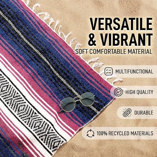 Hydration Nation Authentic Extra Large Mexican Blanket (70"x50") - Handwoven Yoga, Serape- Artisanal Falsa, Beach, Camping, Picnic, Outdoor - Twilight thumbnail 2