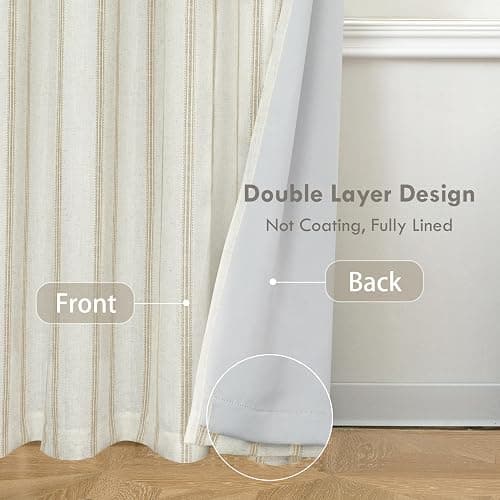 DriftAway Farmhouse Linen Blend Blackout Curtains 84 Inches Long for Bedroom Vertical Striped Printed Linen Curtains Thermal Insulated Lined Treatments for Living Room 2 Panels W52 x L84 Camel Beige - Camel Beige - 52"W x 84"L (Pack of 2) thumbnail 2