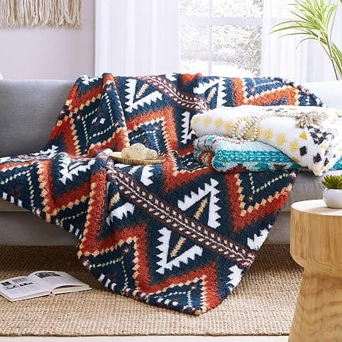 CASAAGUSTO Boho Sherpa Blanket, Aztec Twin Blanket, Ultra Soft, Warm, Cozy, Plush, Thick Fleece Western Blanket for Couch, Bed, Sofa (Navy Blue 60 * 80 Inch) thumbnail 8