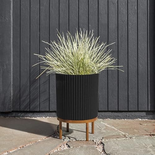 Veradek Demi Series Round Planter w/Stand for Porch/Patio | Durable Plastic-Stone Composite & Wooden Stand | Modern Décor for Tall Plants, Flowers thumbnail 6