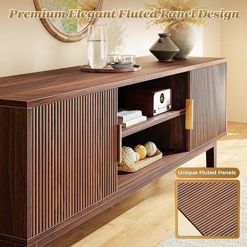 PRAISUN 54 Inch Fluted TV Stand for TVs Up to 55, 60 Inch, Mid Century Modern Entertainment Center with Storage, TV Console with Adjustable Shelves, Midea Console for Living Room Bedroom, Brown thumbnail 7