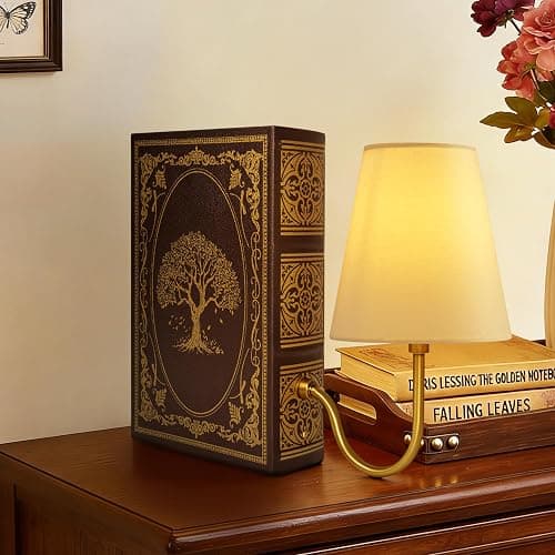 AELS Vintage Bookshelf Lamp with Bulb, Cordless Touch Dimmable Table Lamp with Linen Fabric Shade, Battery Operated, Modern Farmhouse, Book Sconce for Office Home Bedroom, Tree of Life Brown & Gold thumbnail 6