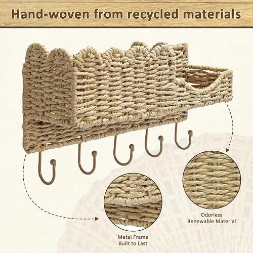 YINGXUN Hook-Woven Wicker Key Holder and Mail Organizer | Natural Paper Rattan Scalloped Wave Design Decorative Wall Mount for Entryway, Living Room, Hallway thumbnail 4