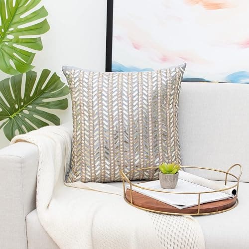 The White Petals Silver Grey Gold Throw Pillow Cover - Luxurious, Festive & Decorative (Sequinned, 18x18 inch, Pack of 1) thumbnail 2