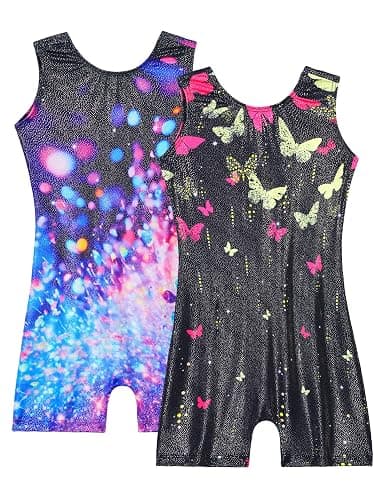 Nymphperi 2 Packs Gymnastics Leotard for Girls Sparkle Biketards with Shorts Kids Sleeveless Unitard One-Piece Dancewear - Image 1