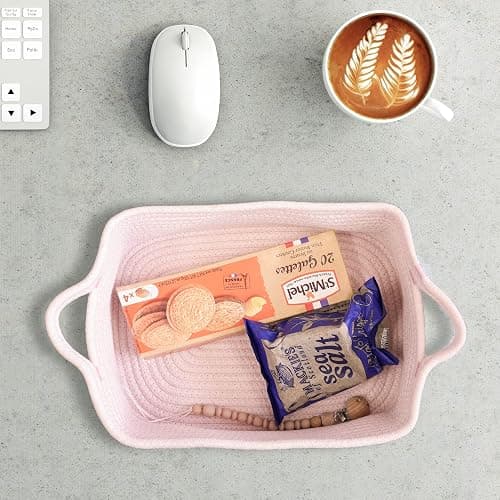 Woven Cotton Rope Storage Basket with Handles for Organizing Shelves Closet Small Cat Dog Pet Toy Baskets Box Bin Decorative Rectangle Baby Nursery basket Gift Basket Empty Light pink thumbnail 4