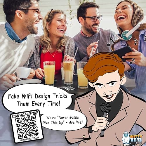 Witty Yeti Ad-Free, Realistic 2x2IN Fake WiFi Rick Roll QR Code Stickers 25 Pack. Best Bulk Practical Joke Novelty Set for April Fools. Trick Friends and Family with Hilarious Vinyl Decal Meme Prank thumbnail 2