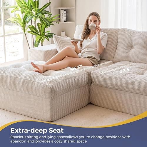 MAXYOYO 104" L Shaped Modular Sectional Sofa with Ottoman, Cloud Boneless Couch with Layered Cushion, Upholstered Sofa in a Box, Flexible Module Combination for Living Room, No Assembly, Beige thumbnail 8