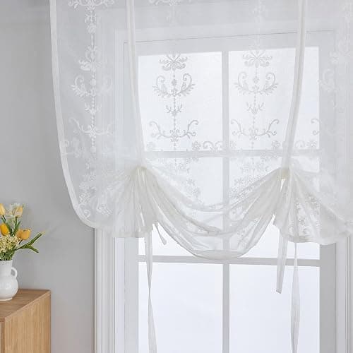 HomeyHo Sheer Tie Up Curtains for Bathroom Girls Bedroom Flower Embroidered Liftable Curtain Kitchen White Lace Short Balloon Curtains for Small Window 31 x 47 Inch thumbnail 5