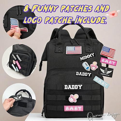 QWREOIA Diaper Bag Backpack for Dad and Mom with USB Charging Port Stroller Straps and Insulated Pocket,army military Travel Nappy Backpack for Daddy/Mommy (Black) thumbnail 4