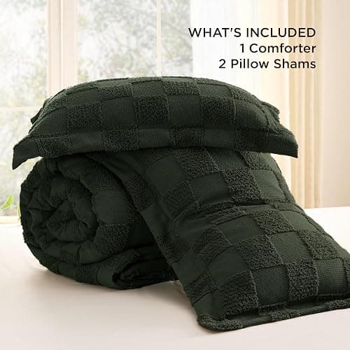 Bedsure King Size Comforter Set Dark Olive Green, Boho Tufted Bed Set, Checkered Farmhouse Shabby Chic Bedding, 3 Pieces, 1 Plaid Geometric Comforter and 2 Pillow Shams thumbnail 6