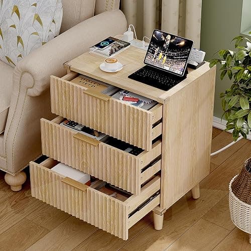 Lulive Wood 3 Drawers Dresser Fluted Night Stand with Charging Station, Storage Nightstand Modern Side Table, Bedside Table for Bedroom, Entryway Natural thumbnail 3