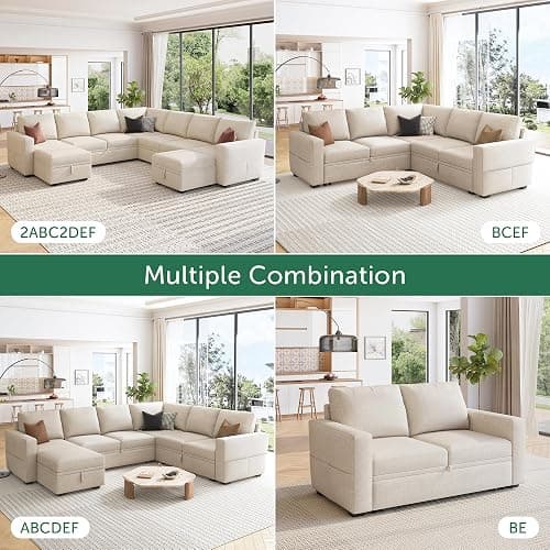 HONBAY Modular Sectional Sleeper Sofa with Pull Out Bed, L Shaped Couch with Storage Seat, Convertible Sectional Couches for Living Room, Beige thumbnail 5