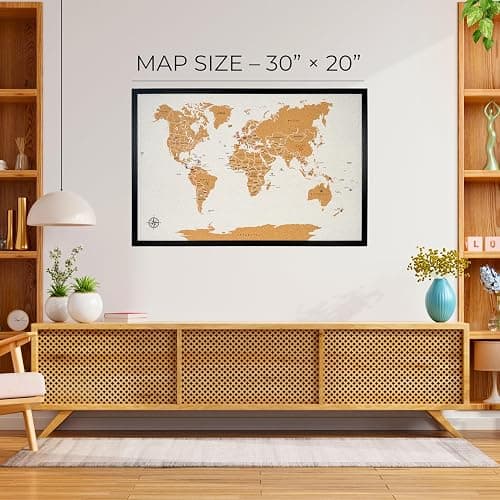 World Map Pin Board Large 30"x20" Framed | Cork Wall Map with Country Flags, Metallic & Colored Pins | World Travel Map with Pins | Unique Push Pin Map Gift for Travelers, Couples & Families. thumbnail 2