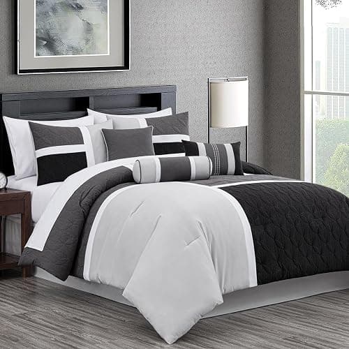 Chezmoi Collection Upland 7-Piece Quilted Patchwork Comforter Set, Black/Gray/Light Gray, King thumbnail 2