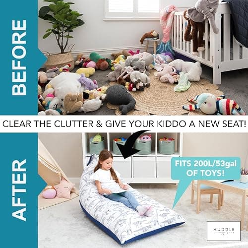 Huddle Original Cover for Stuffed Animal Bean Bag Storage (No Filler) XL Designer Beanbag Chair for Kids & Adults | Instant Clutter Clear for Stylish Moms - 100% Cotton Canvas Chair Blue Dinosaur thumbnail 3